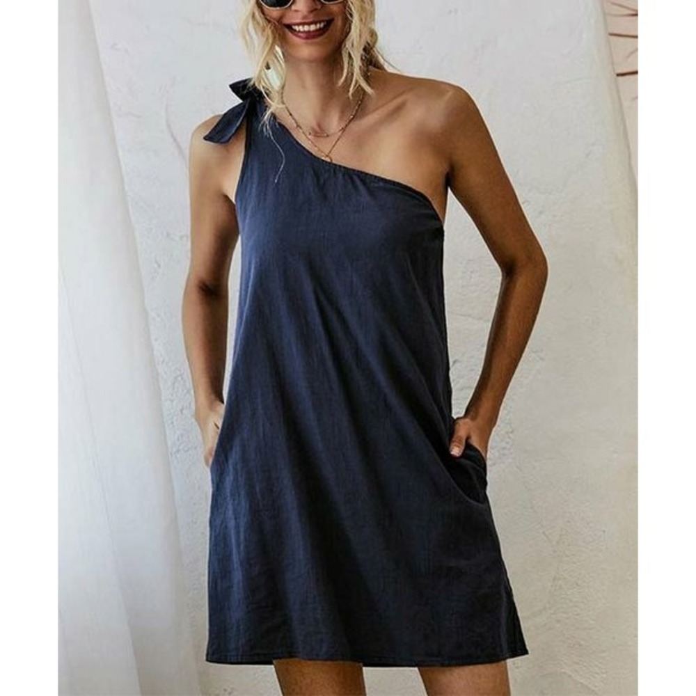 LS Women's Navy Blue Tied Shoulder Asymmetrical Dresss Size Medium